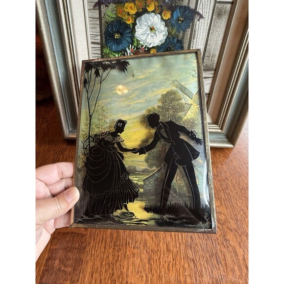 Antique silhouette painted on convex glass 6" x 8" couple crossing creek - Picture 1 of 5